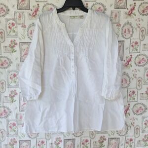 Cambridge Dry Goods Woman 3X White Linen Pintuck Blouse 3/4 Sleeve Henley Shirt